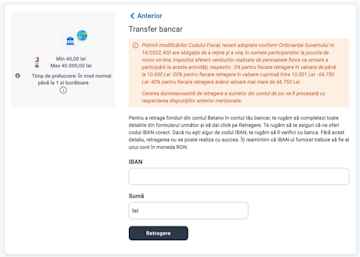 Comision retragere betano